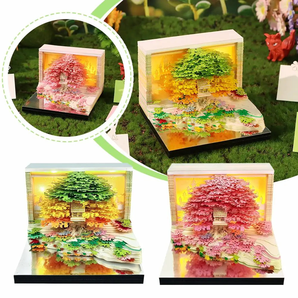 3D Calendar Sticky Notes of Flower Sea and Tree Island 2026 Unique Paper Sculpture Calendar For Desk Decor With Lights Design