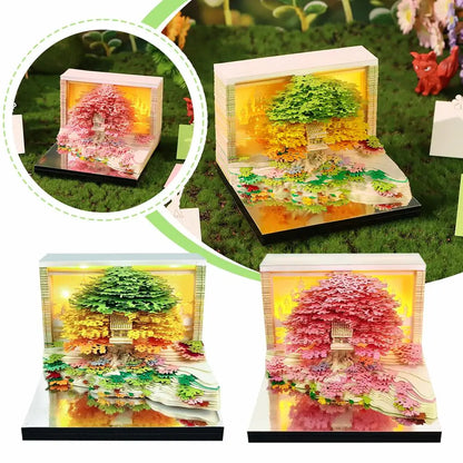 3D Calendar Sticky Notes of Flower Sea and Tree Island 2026 Unique Paper Sculpture Calendar For Desk Decor With Lights Design