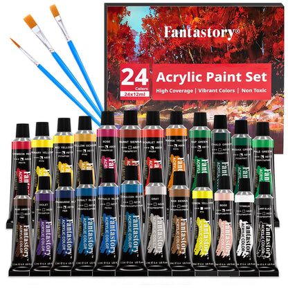 12ML 24 Colors Acrylic Paint Set with 3 Paint Brushes, Ideal Gifts for Painters, Paint Supplies for Adults, Drawing & Painting