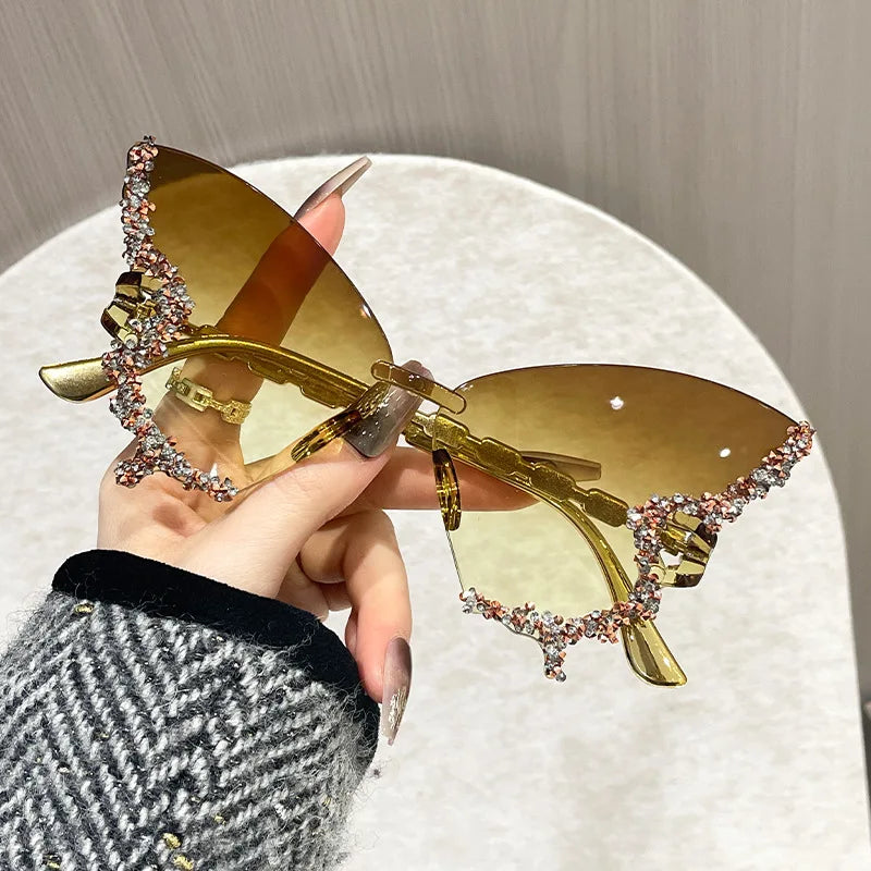 Rimless Butterfly Sunglasses Cat Eye Popular Women Men Shades Small Ellipse Sun Glasses for Female Male Party Traveling Glasses