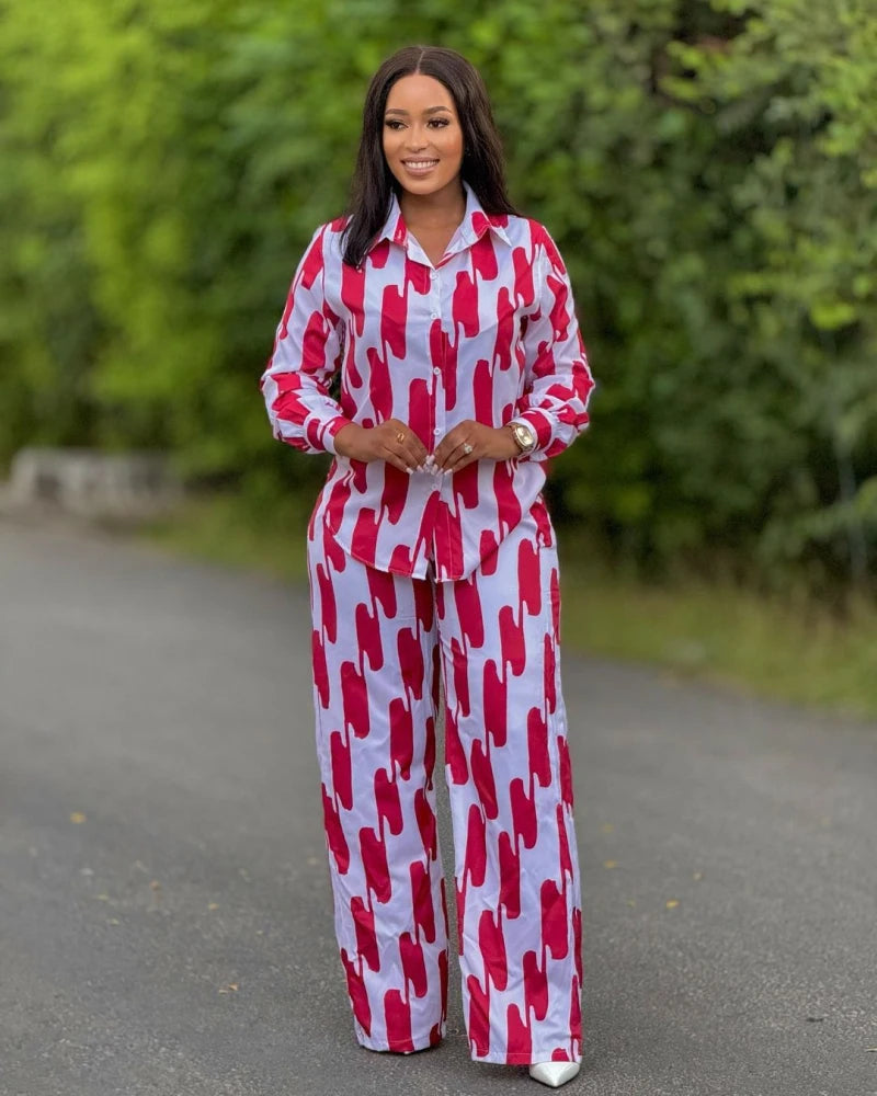 African Fashion Stripe Printed Two Piece Set Women Spring Autumn Casual Button Long Sleeved Shirt Wide Leg Pants Set