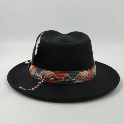 Feather Fedoras Hat for Men Women Black Felt Wide Brim Jazz Cap Gentleman Caps Plum Blossom 8 Playing Card Design Fedora Hat