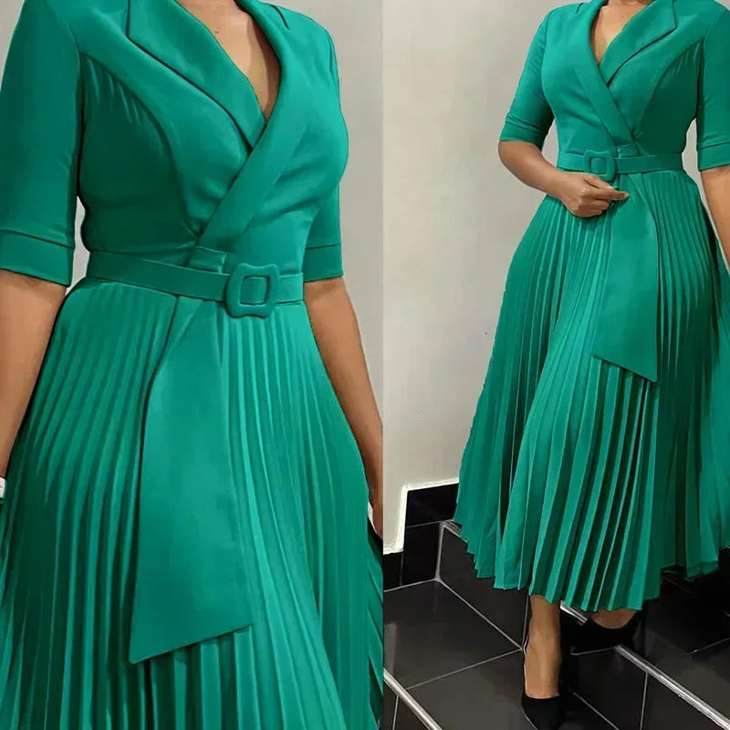 2025 Dashiki African Dresses for Women Autumn Elegant Half Sleeve V-neck Polyester Pleat Dress Ankara Dresses African Clothes