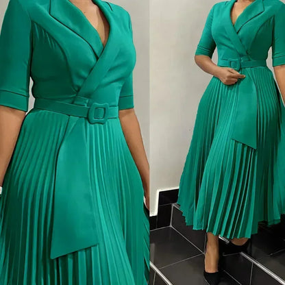 2025 Dashiki African Dresses for Women Autumn Elegant Half Sleeve V-neck Polyester Pleat Dress Ankara Dresses African Clothes