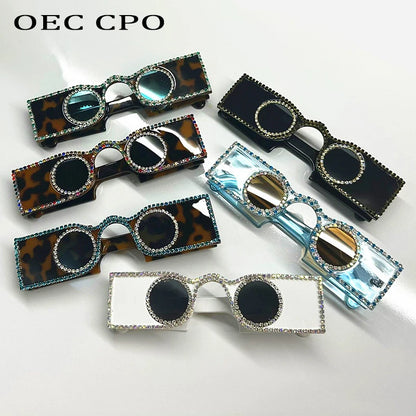 Unique Hand Diamond Square Women Sunglasses Luxury Rhinestone Small Round Lens Shades Female New Wide Legs Sun Glasses Men UV400