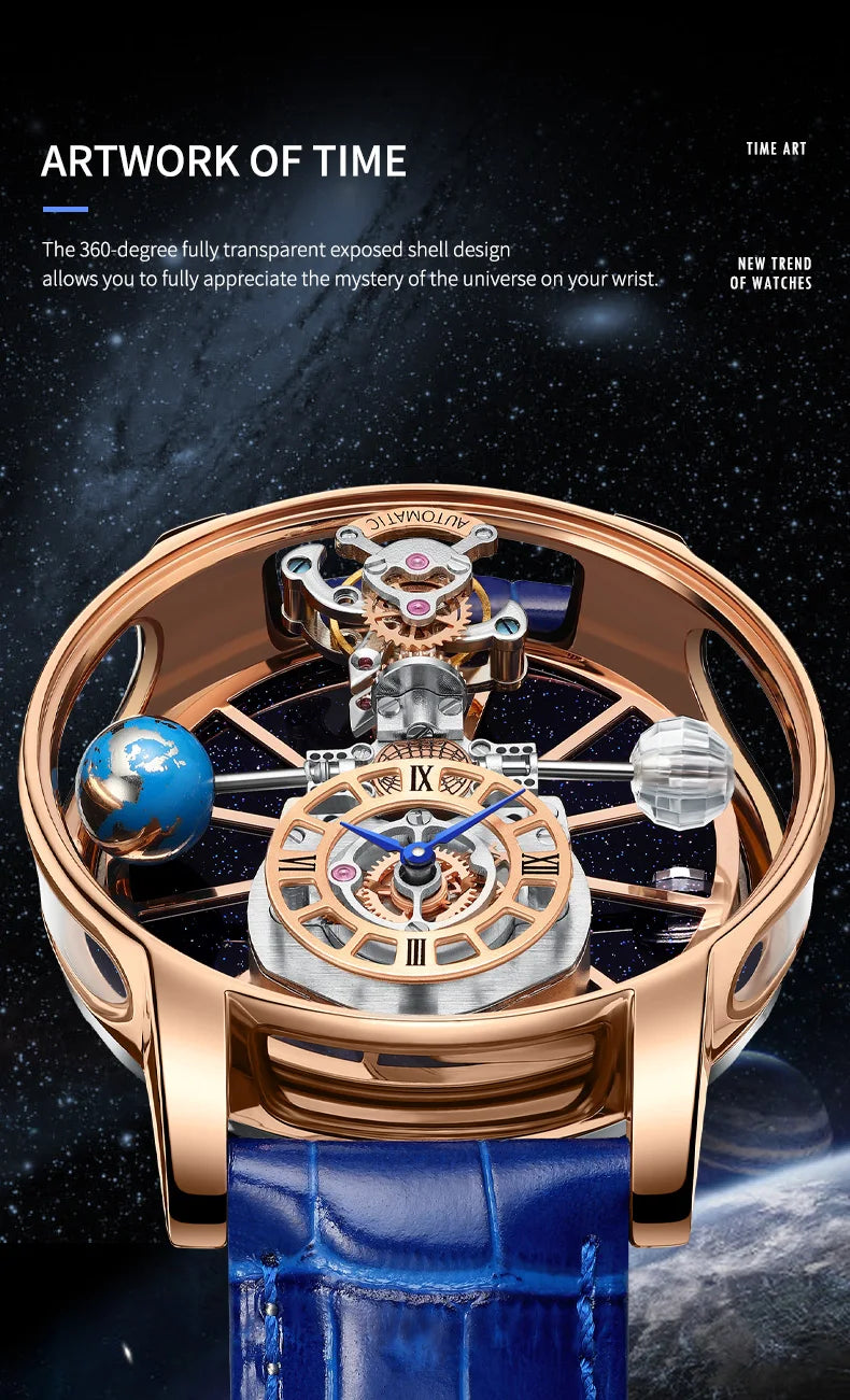 2024 HAEMMER Celestial Men's Watch Transparent Case Design Men's Leather Quartz Watch Time Adjustment Jacob Relogio Waterproof