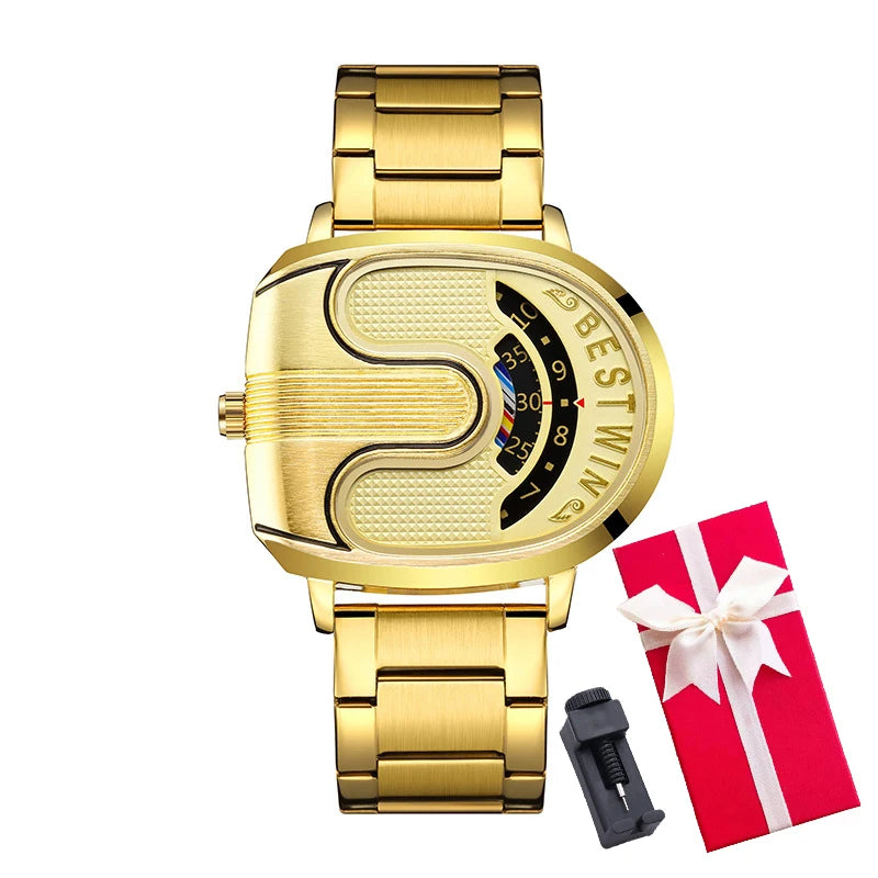 Gold Top Brand Luxury Men Watches Unique Design Stainless Steel Band Golden Dropship relogio masculino High Quality Male