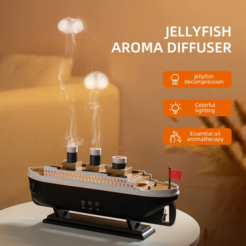 Ultrasound Air Humidifier Cannon Titanic Ship Retro Train Jellyfish Spray Essential Oil Aromatherpy Diffuser 7Colour Night Light