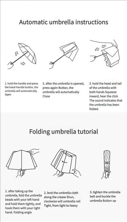 Black and white cat auto umbrella for sun and rain; cute portable sunshade with UV protection; black rubber folding sun umbrella