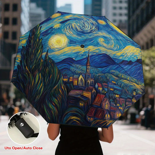 1pc Starry Night Glow Print Umbrella - Van Gogh-Inspired Automatic Open/Close Compact Folding Umbrella with 8-Rib Durable Fram