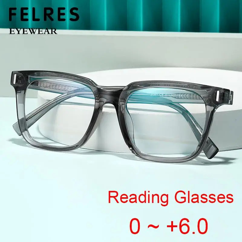 Square Transparent Gray Reading Glasses Men Fashion Computer Eyeglasses Women Blue Light Blocking Optics Presbyopic Glasses