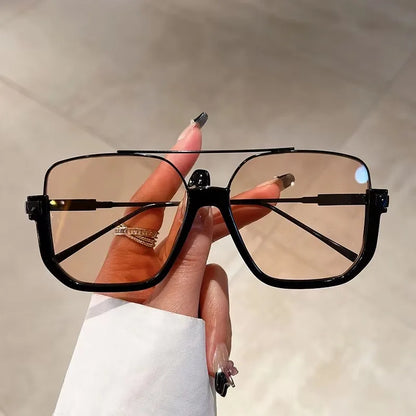 Oversized Square Aviator Sunglasses – Black Frame with Double Bridge, Brown Gradient Lens, UV400 Fashion Sun Glasses for Women