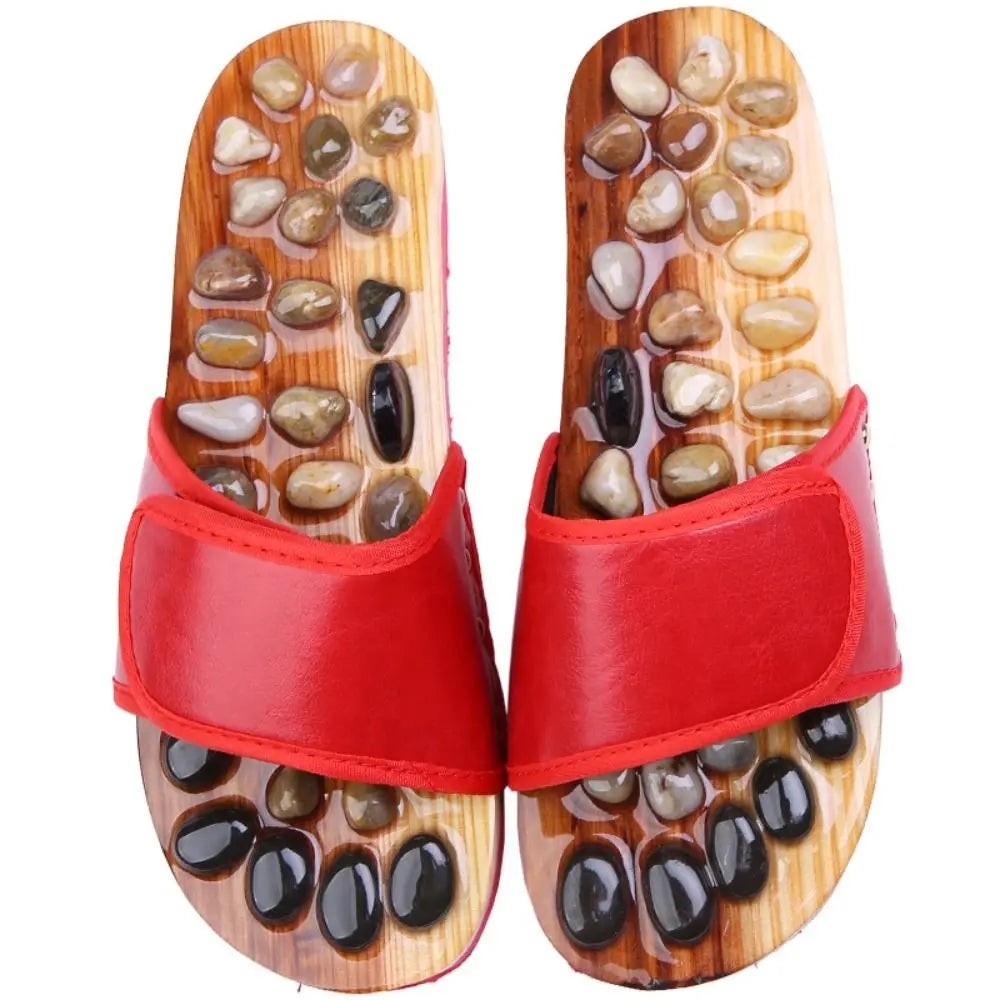Natural Pebbles Acupressure Massage Slippers Feet Care Rotating Massage Stone Sandals Anti-slip Adjustable Foot Massager Shoes
