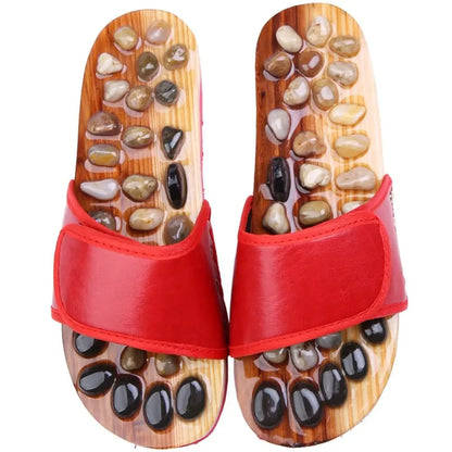 Natural Pebbles Acupressure Massage Slippers Feet Care Rotating Massage Stone Sandals Anti-slip Adjustable Foot Massager Shoes