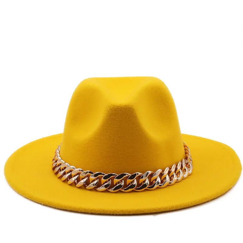 women fedoras golden chain fedora hat women men wide brim solid color jazz top hat autumn winter new Panama hat gentleman hat