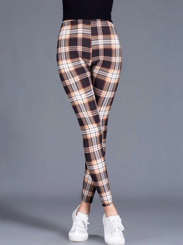 CUHAKCI Fashion Plaid Printing Leggings Women Sexy Fitness Leggins Grid Floral Stripe Trousers High Waist Pencil Pants