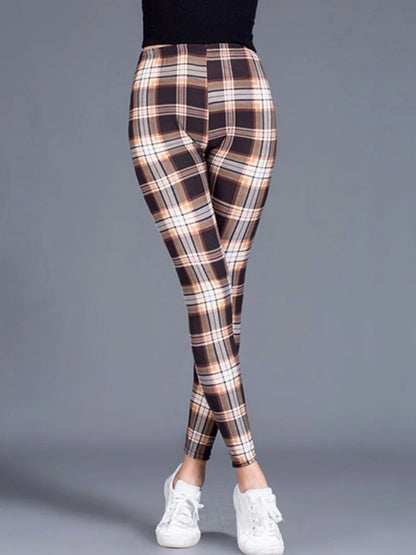 CUHAKCI Fashion Plaid Printing Leggings Women Sexy Fitness Leggins Grid Floral Stripe Trousers High Waist Pencil Pants