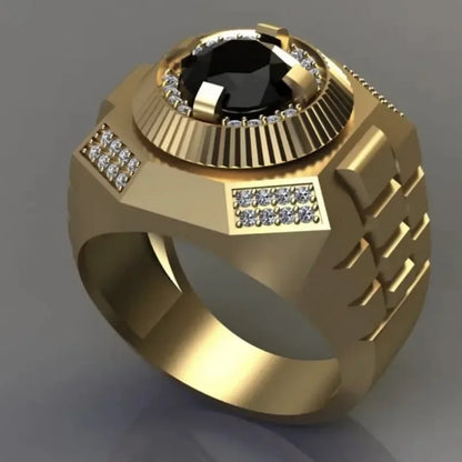 Fashion Men Gold Color Round Men Rings Luxury Black Stones Wedding Party Bridal Ring Jewelry