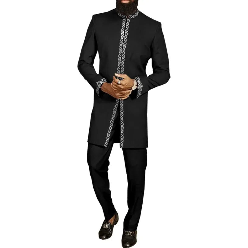 African Muslim Men Wedding Suit 2 Piece Set Long Sleeve Round Neck Top and Pants Traditional Style