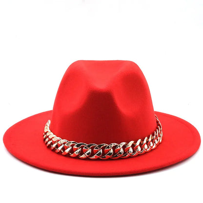women fedoras golden chain fedora hat women men wide brim solid color jazz top hat autumn winter new Panama hat gentleman hat
