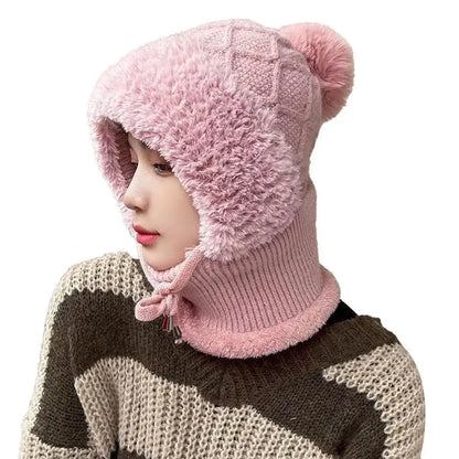 Women Winter Velvet Knitted Woolen Balaclava Hat Ear Protection fluffy Hat Mask Neck Integrated Warmth Cover Hat lady hooded cap