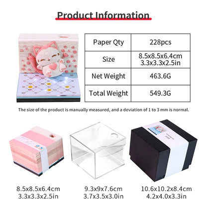 Time Piece Calendar 2026 Desk Calendar With LED Light 3D Tear-away Calendar Paper Carving Art Memo Pad Notepad Gift Christmas