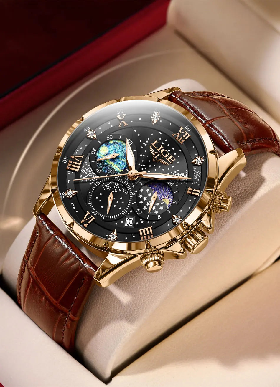 LIGE 2024 Top Luxury Brand Men Genuine Leather Sports Watches Men's Army Military Watch Male Date Quartz Clock Relogio Masculino
