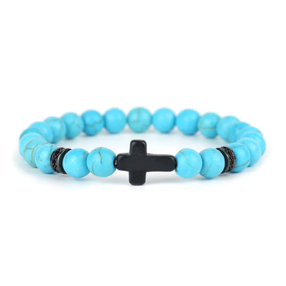 Men Crucifix Beaded Bracelet Onyx White Howlite Healing Braclet Charms Natural Stone Prayer Wristbands Stretch Religious Jewelry