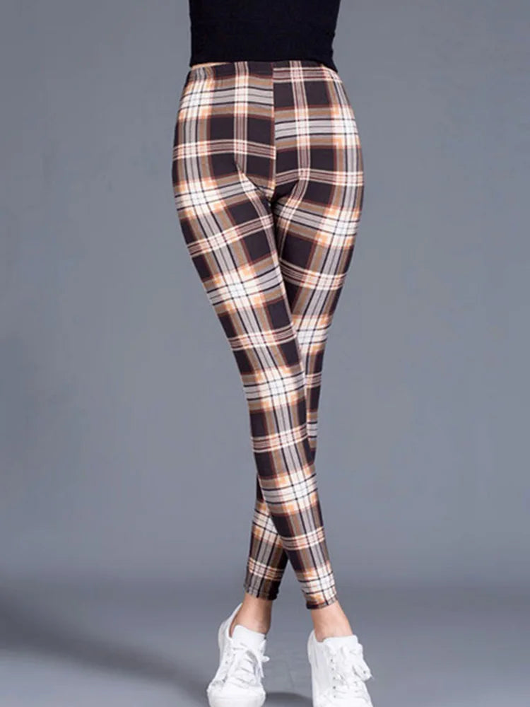 CUHAKCI Fashion Plaid Printing Leggings Women Sexy Fitness Leggins Grid Floral Stripe Trousers High Waist Pencil Pants