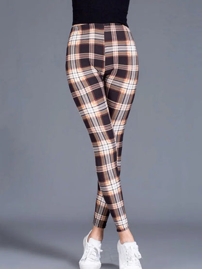 CUHAKCI Fashion Plaid Printing Leggings Women Sexy Fitness Leggins Grid Floral Stripe Trousers High Waist Pencil Pants