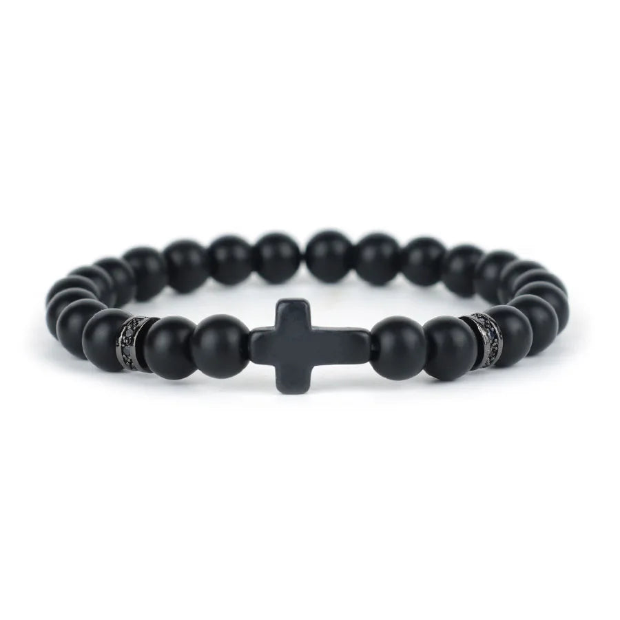 Men Crucifix Beaded Bracelet Onyx White Howlite Healing Braclet Charms Natural Stone Prayer Wristbands Stretch Religious Jewelry