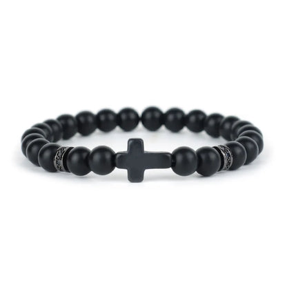 Men Crucifix Beaded Bracelet Onyx White Howlite Healing Braclet Charms Natural Stone Prayer Wristbands Stretch Religious Jewelry