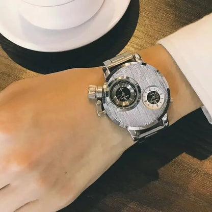 Luxury Men's Watches Punk Style Quartz Watch Dual Dial Business Men Wristwatch Stainless Steel Strap Waterproof Military Watch