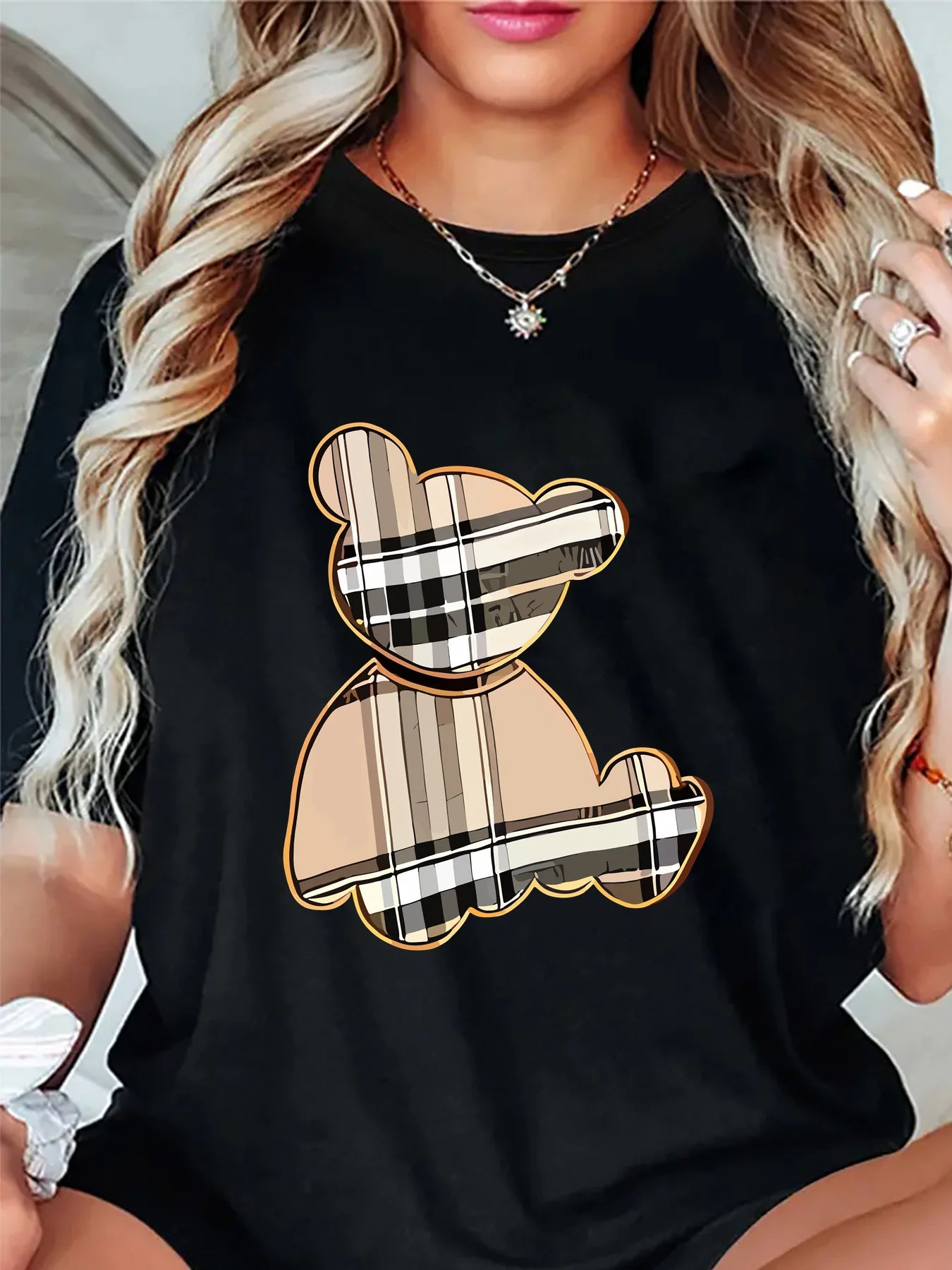 Women's Sporty Casual Striped Bear Print T-Shirt - Breathable Moisture-Wicking Lightweight Soft  Round Neck Short Sleeve Top