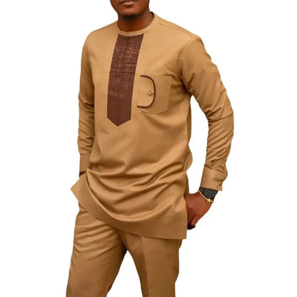 African Muslim Men Wedding Suit 2 Piece Set Long Sleeve Round Neck Top and Pants Traditional Style