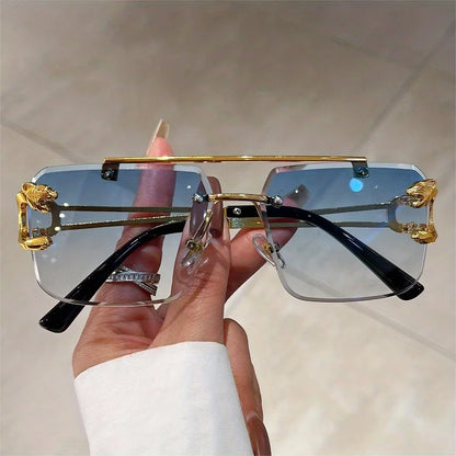 Fashion Rimless Square Double Bridge Sun Glasses Vintage Women Men Sunglasses