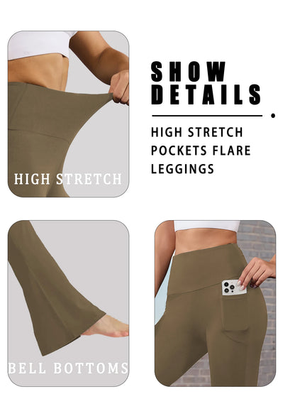 Women Flare Leggings with Pockets High Waisted Super Soft Tummy Control No See Through Yoga Running Workout Home Casual