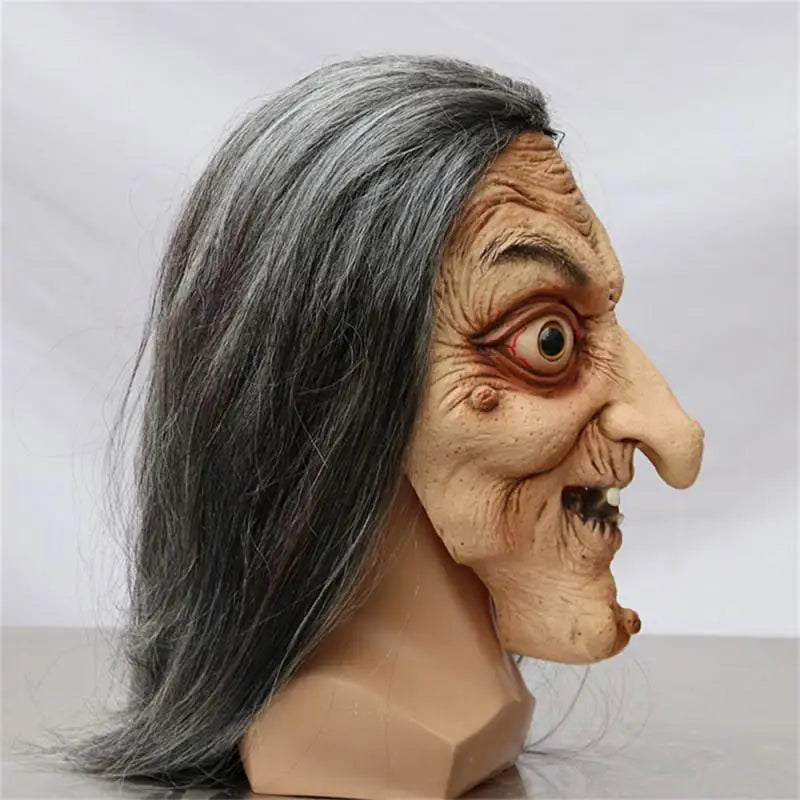 Halloween Horror Long Hair Witch Head Cover Old Man Mask Party Cosplay Haunted House Scary Props Adult Full Face Latex Headdress