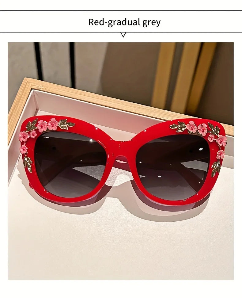 1pc Elegant Cat Eye Glasses for Women, Floral Camellia Design, Anti-Reflective PC Lens, Plastic Frame, Fashionable Beach Eyewear