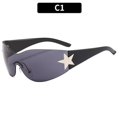 New Y2K Rimless Punk Sunglasses Goggle Women Men Luxury Brand Wrap Around Sun Glasses Five Star Eyewear Sports One Piece Shades