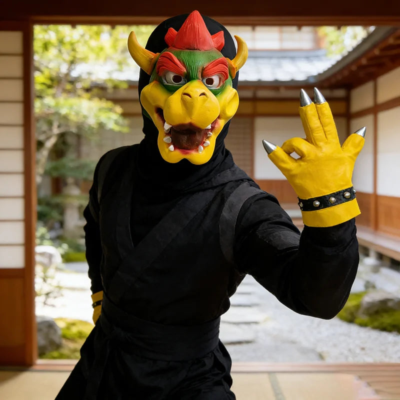 Bowser Cosplay Mask and Glove Costume, Cute Dinosaur Claw Pad Latex Gloves, Anime Halloween Party Role-Play Mask
