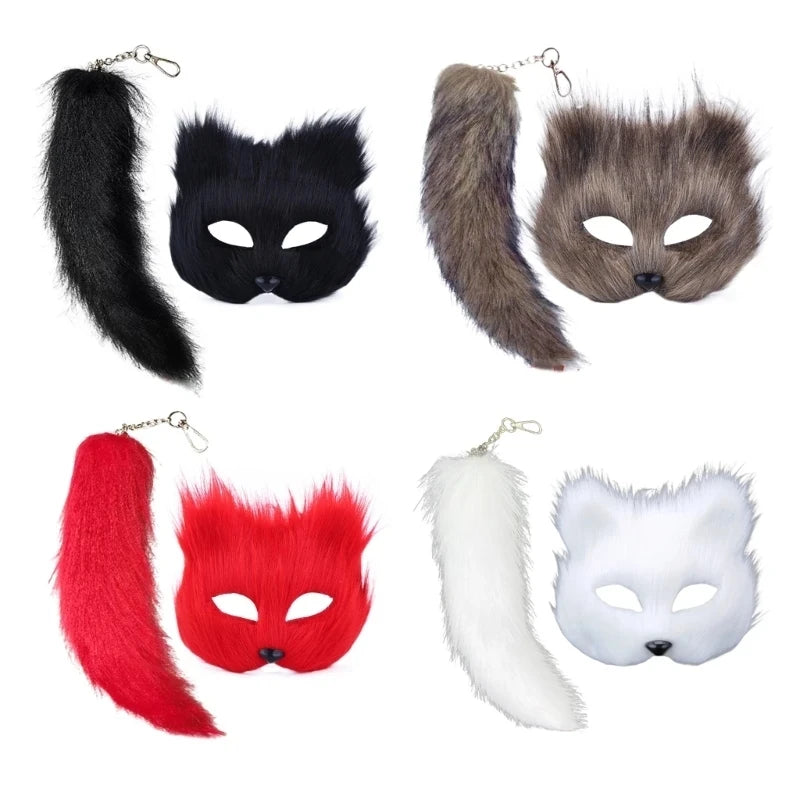 Therian Mask and Tail Faux Furs Foxes Tail Keychain Plush Cats Mask Halloween