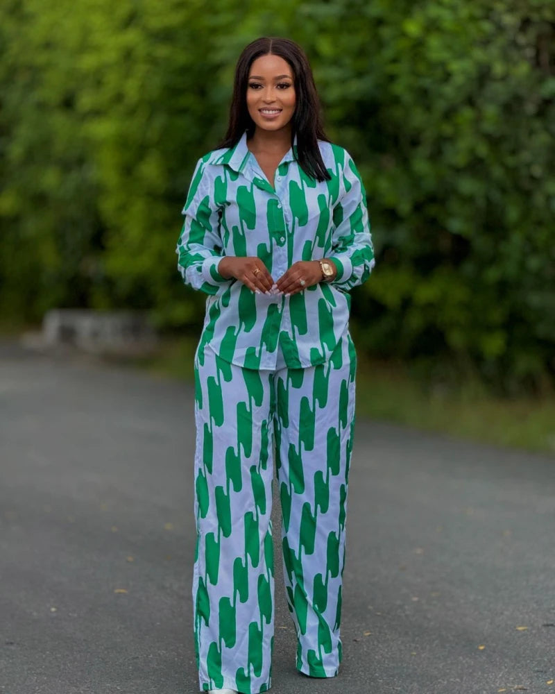 African Fashion Stripe Printed Two Piece Set Women Spring Autumn Casual Button Long Sleeved Shirt Wide Leg Pants Set