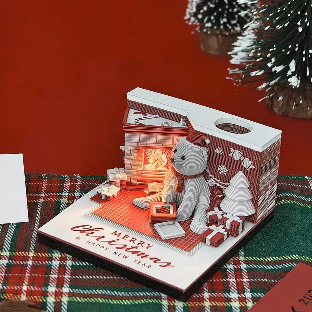 Christmas 3D Paper Carving Art Notes Desk Calendar With LED Light Tear-away Calendar Paper Carving Art Memo Pad  Xmas Gift