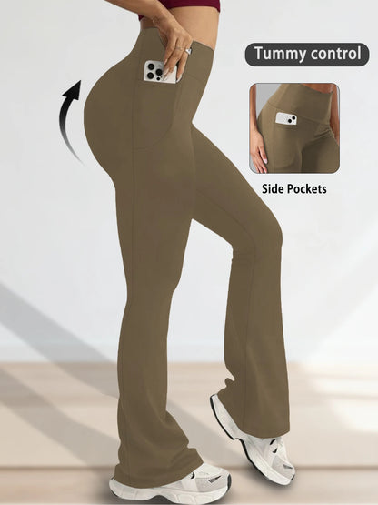 Women Flare Leggings with Pockets High Waisted Super Soft Tummy Control No See Through Yoga Running Workout Home Casual