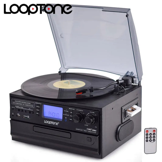 LoopTone 3 Speed 10 in One Bluetooth-In/Out compatible Turntable Vinyl LP Record Player Vintage CD&Cassette FM/AM Radio USB REC