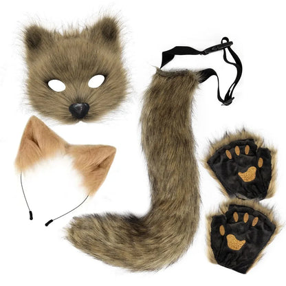 4-piece fur fox costume accessory set - including mask, gloves, headband, tail, with realistic fur and claws, perfect for Hallow
