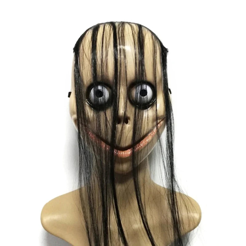 High Quality  Halloween Horror With Long Hair Mask Funny Mask V-shaped Mouth Mask With Hair Female Ghost Mask Roleplay MoMo Mask