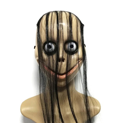 High Quality  Halloween Horror With Long Hair Mask Funny Mask V-shaped Mouth Mask With Hair Female Ghost Mask Roleplay MoMo Mask