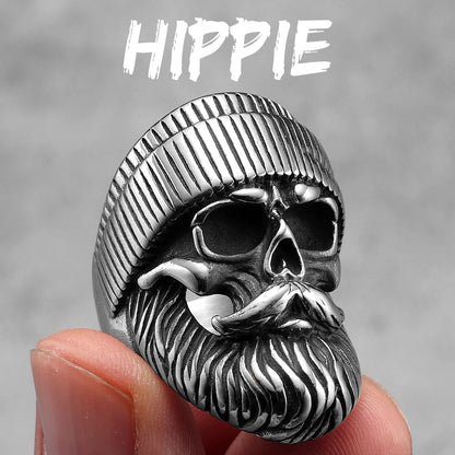Big Beard Hippie Skull Stainless Steel Mens Rings Punk Hip Hop Cool for Male Boyfriend Biker Jewelry Creativity Gift